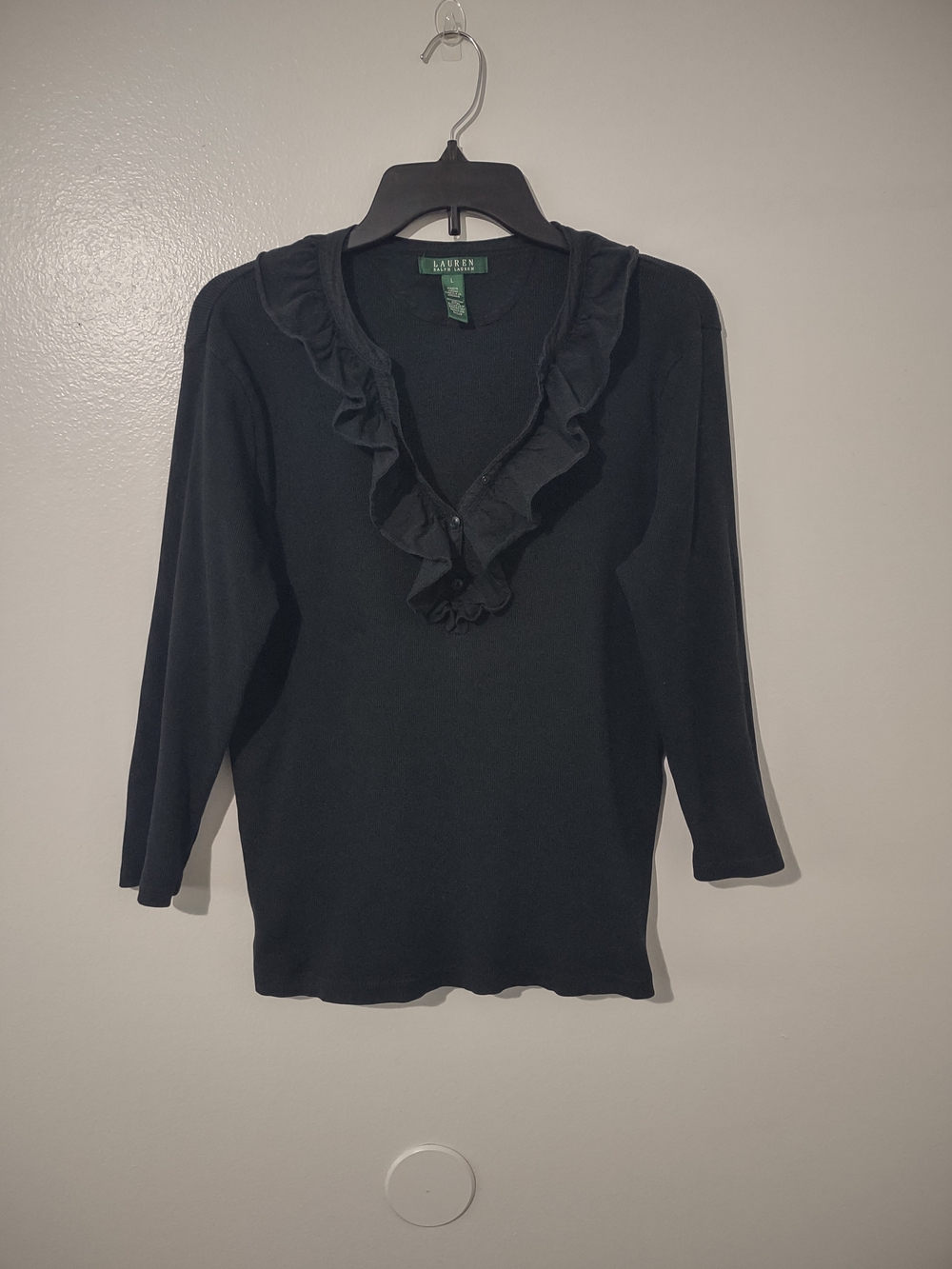 Lauren Ralph Lauren Black Ruffle Neck Top Women's Large 3/4 Sleeve Cotton Knit